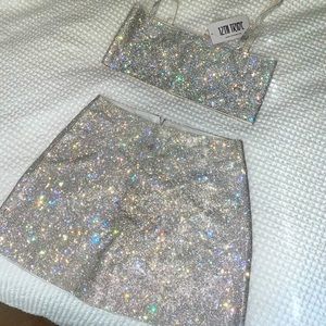 12th Tribe NWT Shira Silver Rhinestone Crop Top and Mini Skirt Set Size Small
